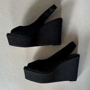 VINTAGE Bettye Muller Black Canvas Slingback Wedge Sandals Size-38.